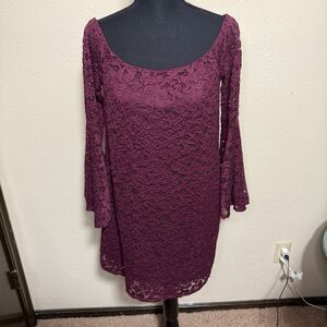 Women’s As U Wish Maroon Holiday Party Lace Dress with Bell Sleeves Size M